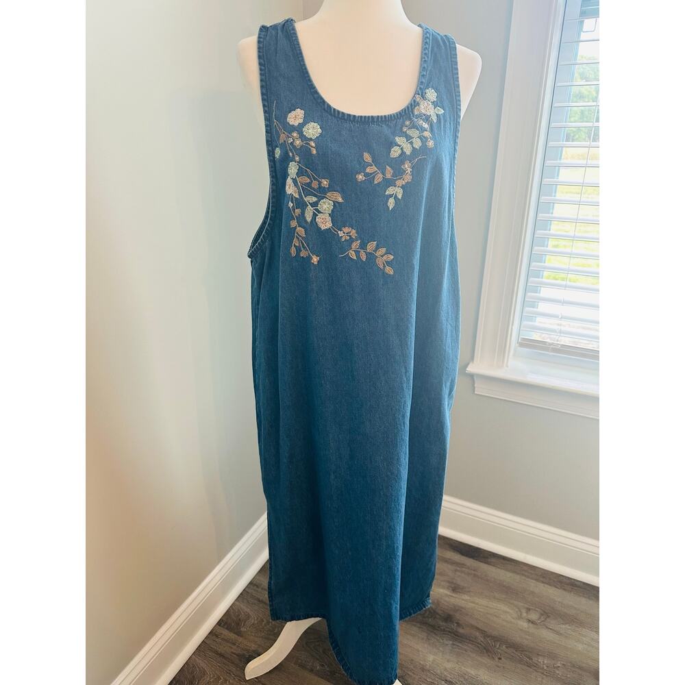 Carolina Bay Denim Embroidered Dress XL Sleeveless Floral Cottagecore Boho Midi